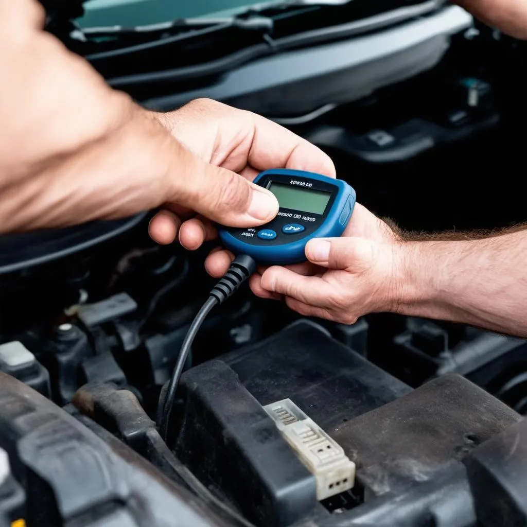 Un lecteur OBD connecté au port OBD-II d'une voiture