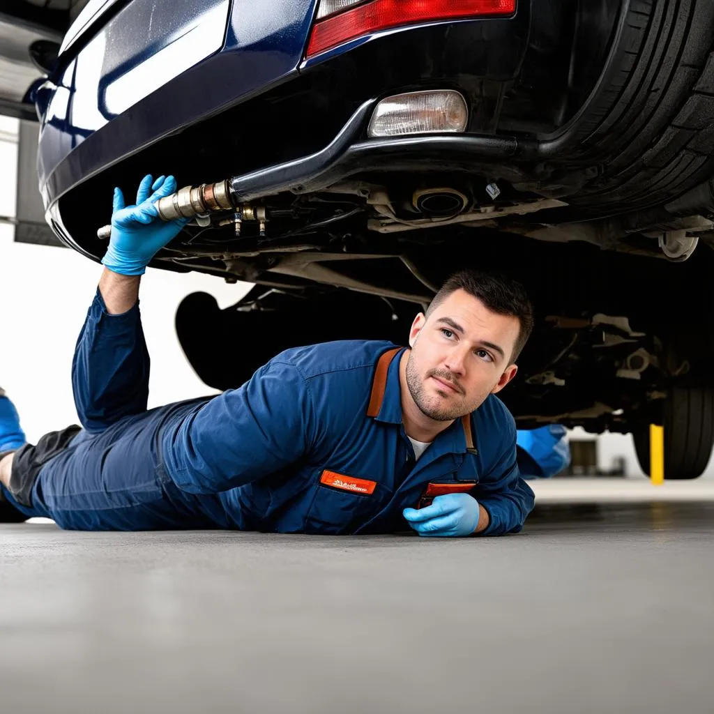 Mechanic replacing oxygen sensor on a car