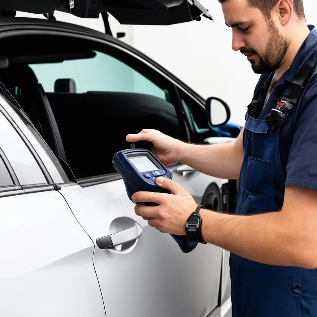 Un mécanicien utilisant un Dealer Scanner sur une voiture européenne