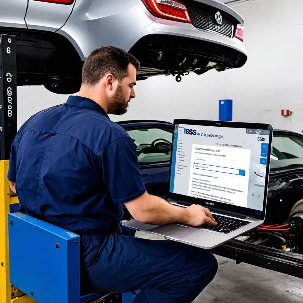 Mechanic using sis web login for car diagnostic