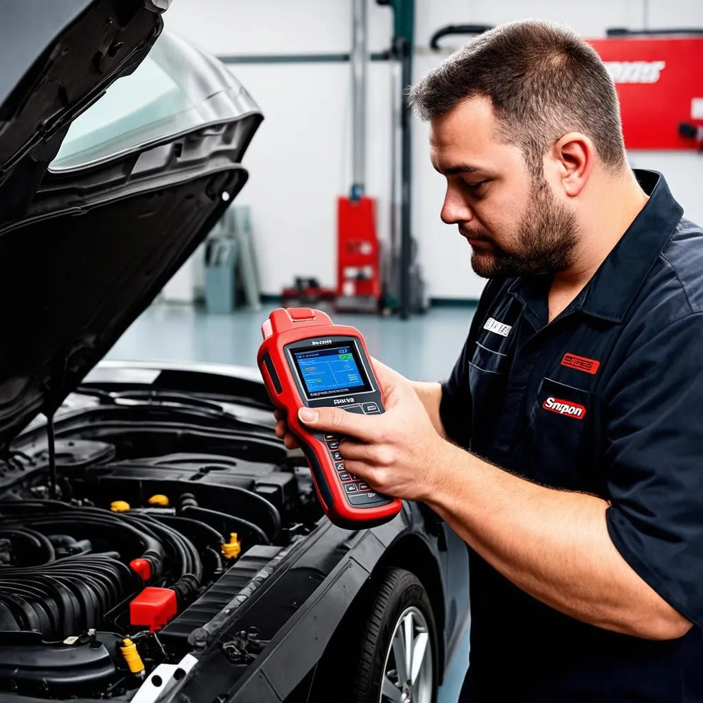 Scanner automobile Snap-on Modis Edge utilisé par un mécanicien pour diagnostiquer un problème de moteur sur une voiture européenne.