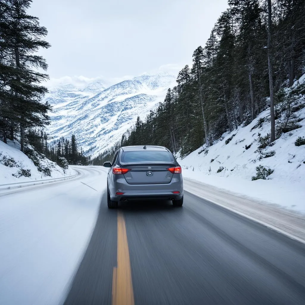 Car driving on snowy mountain road