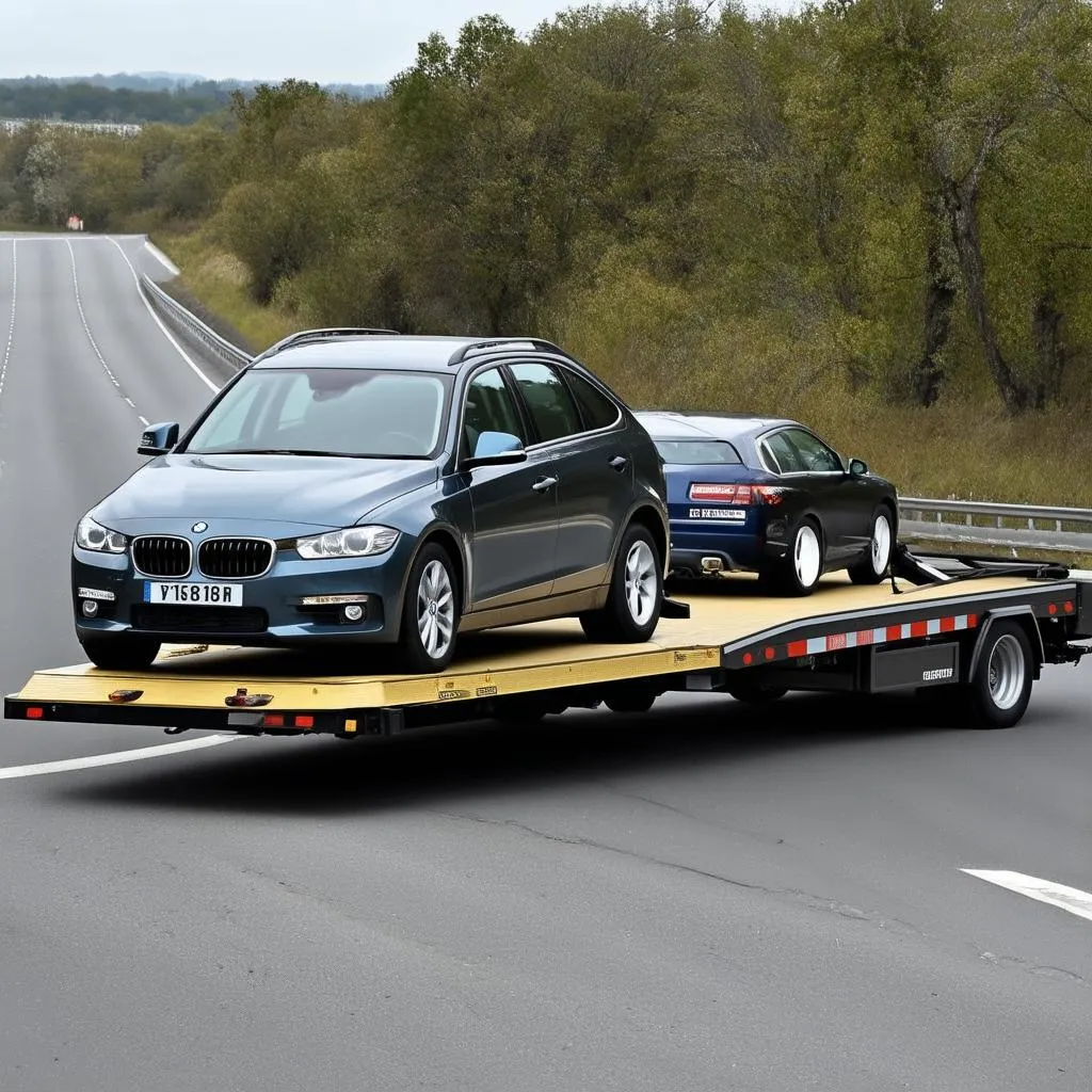 Dépanneuse remorquant une voiture européenne