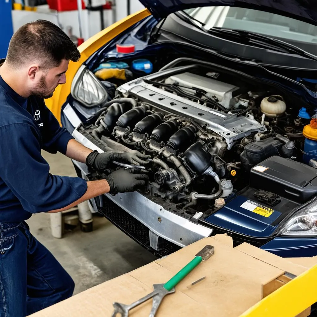 Mechanic working on a Toyota car engine