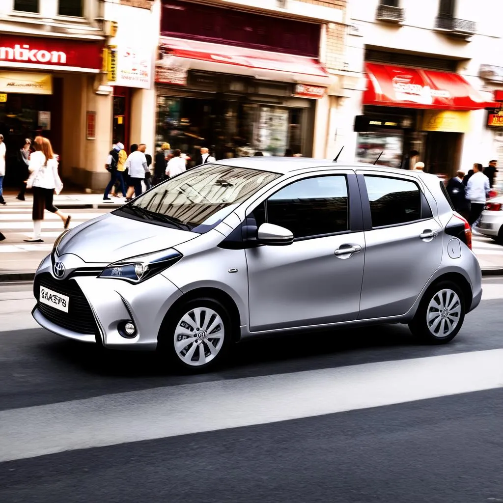 Toyota Yaris 03 driving through a bustling city street