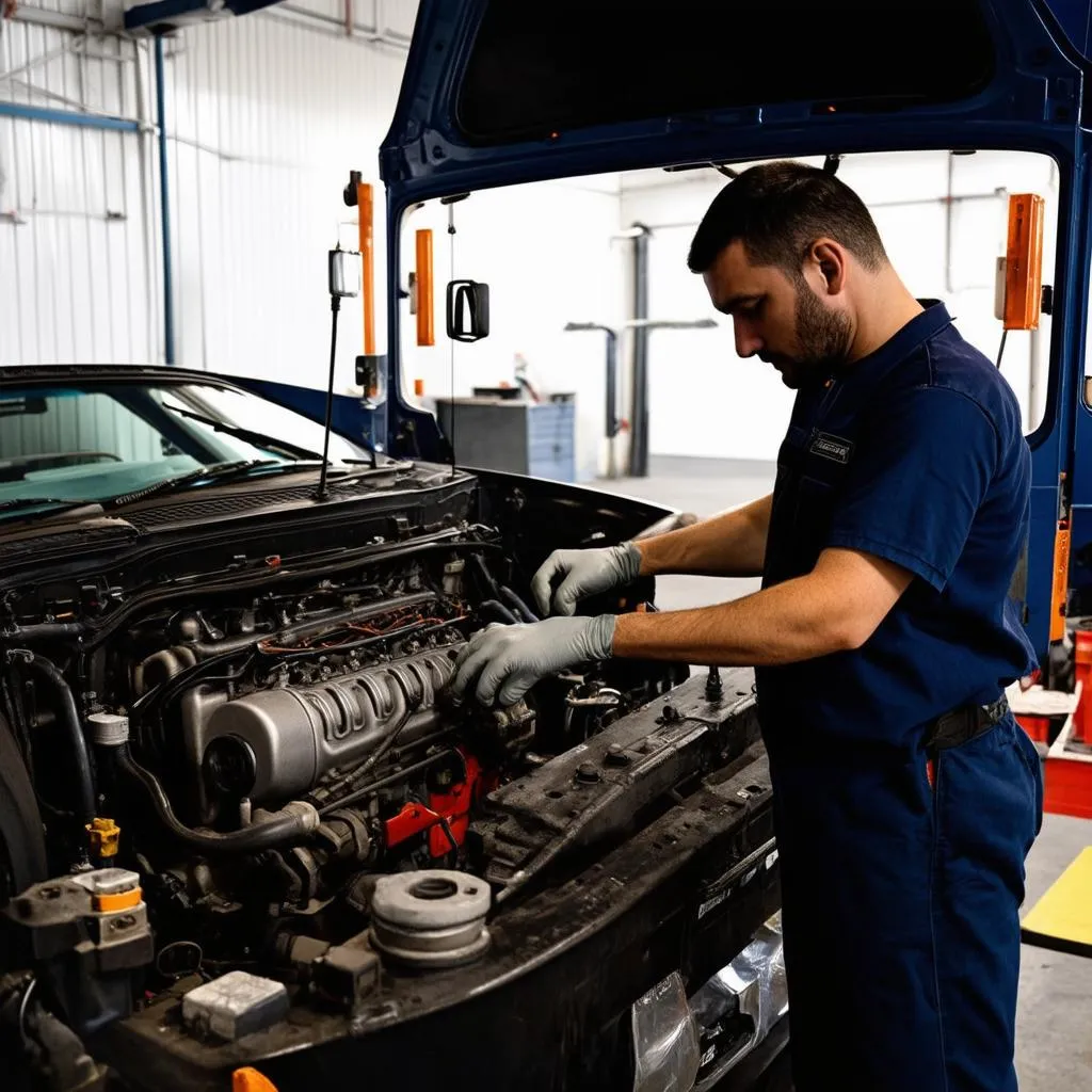 Truck Mechanic Working on Engine