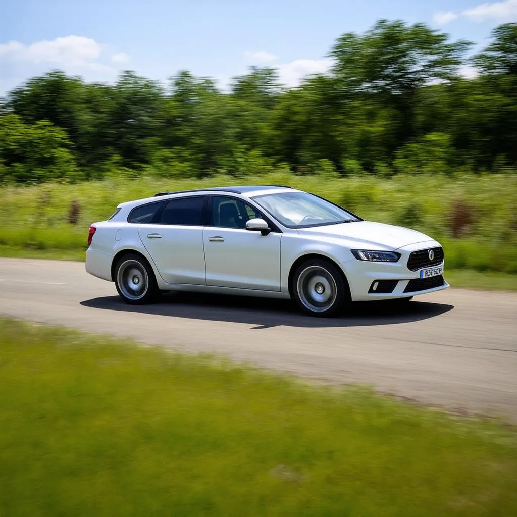 Voiture roulant à vive allure sur une route de campagne