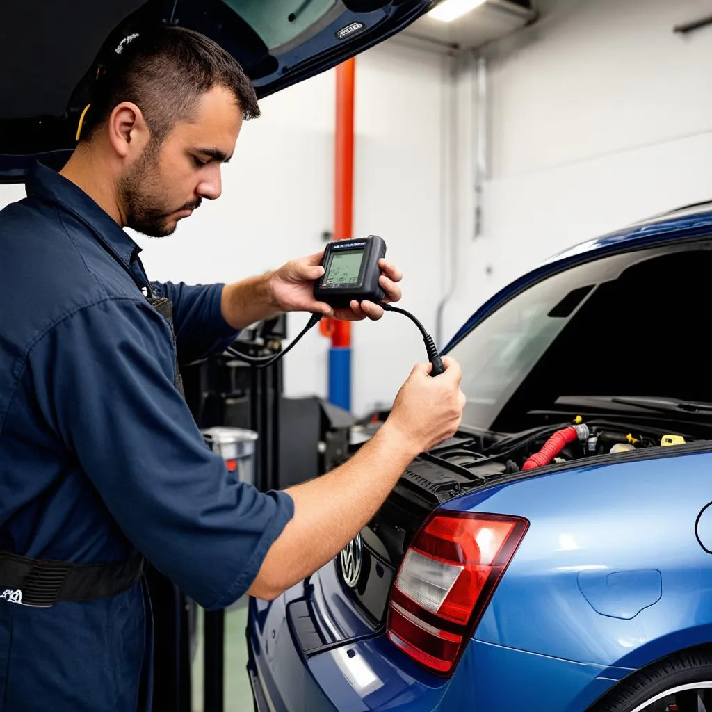 Un mécanicien utilisant un outil de diagnostic sur une Volkswagen