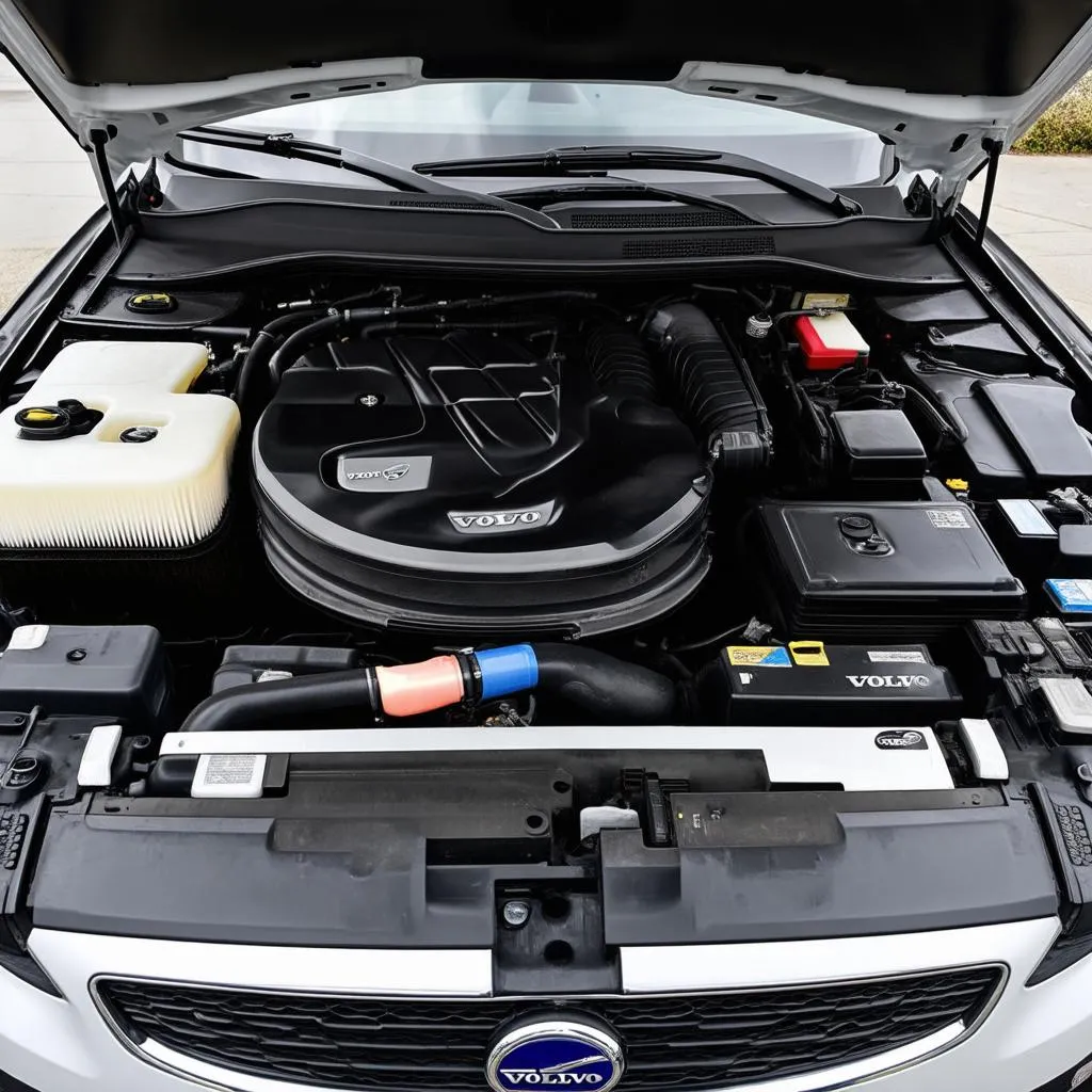 Volvo engine bay with the hood open