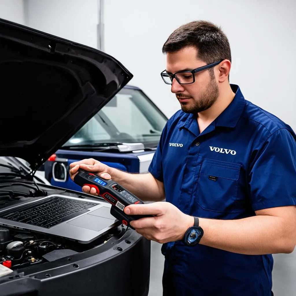 Volvo mechanic using a diagnostic tool