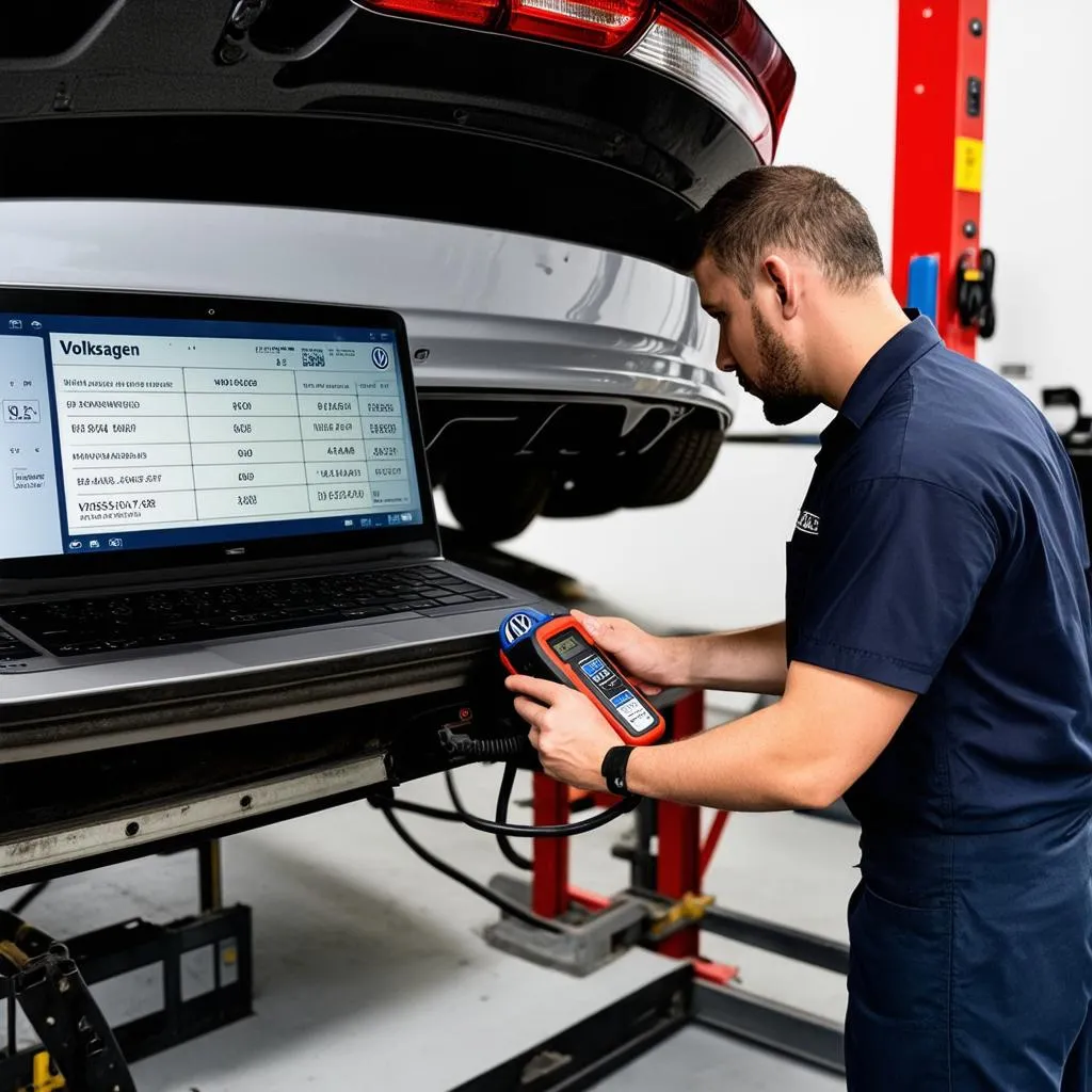 VW Mechanic Working on Car