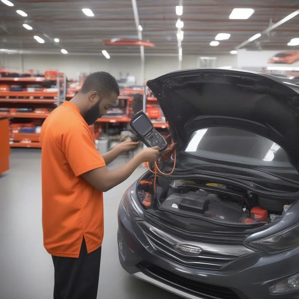 Un employé d'AutoZone connecte un scanner OBD à une voiture