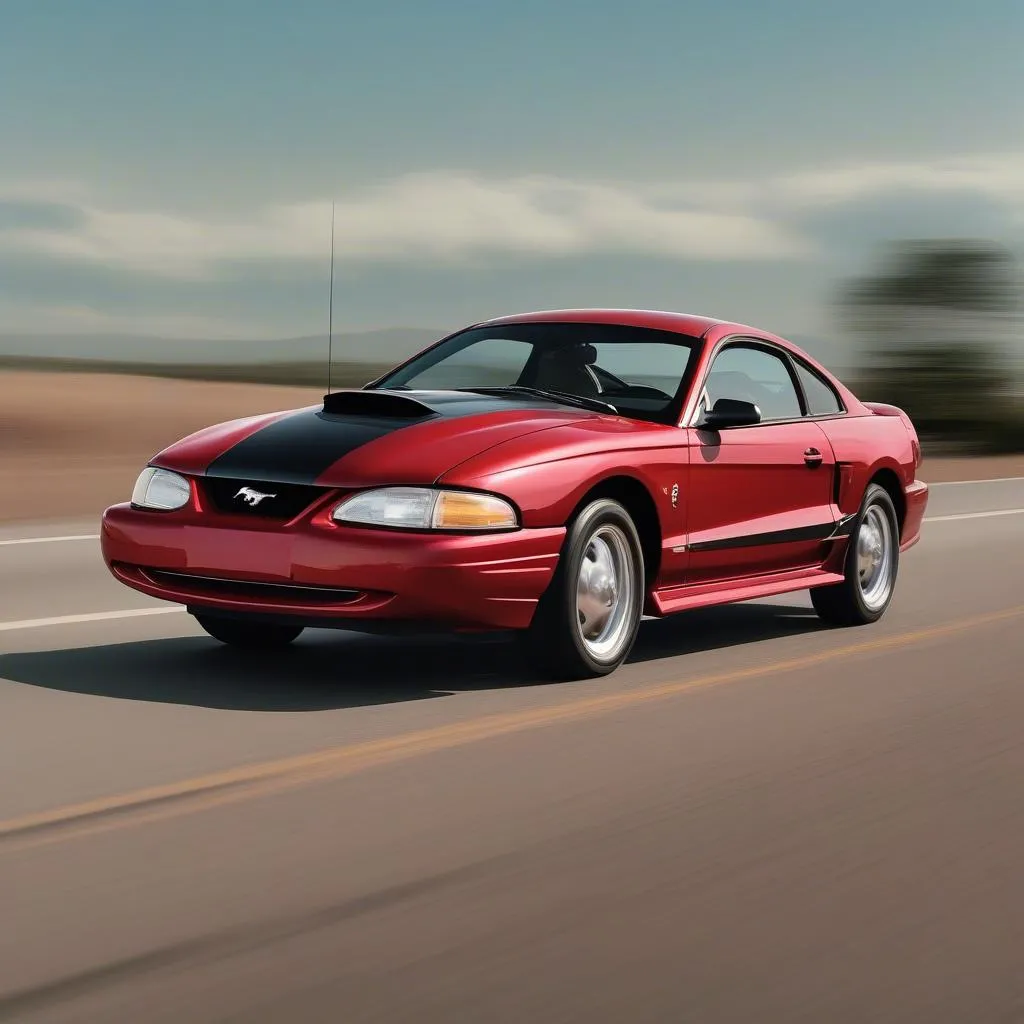 Ford Mustang 1996 rouge classique roulant sur une route dégagée