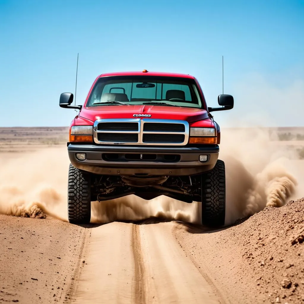 Un Dodge Ram Cummins 1995 rouge traverse un paysage désertique accidenté, soulevant la poussière. On peut voir le logo Cummins sur le côté du capot.