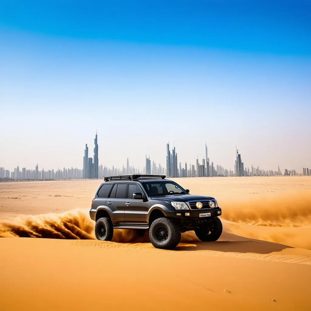 Une voiture 4x4 roulant dans le désert de Dubaï