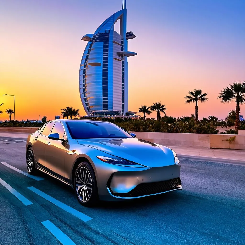 Voiture de luxe garée devant l'hôtel Burj Al Arab à Dubaï