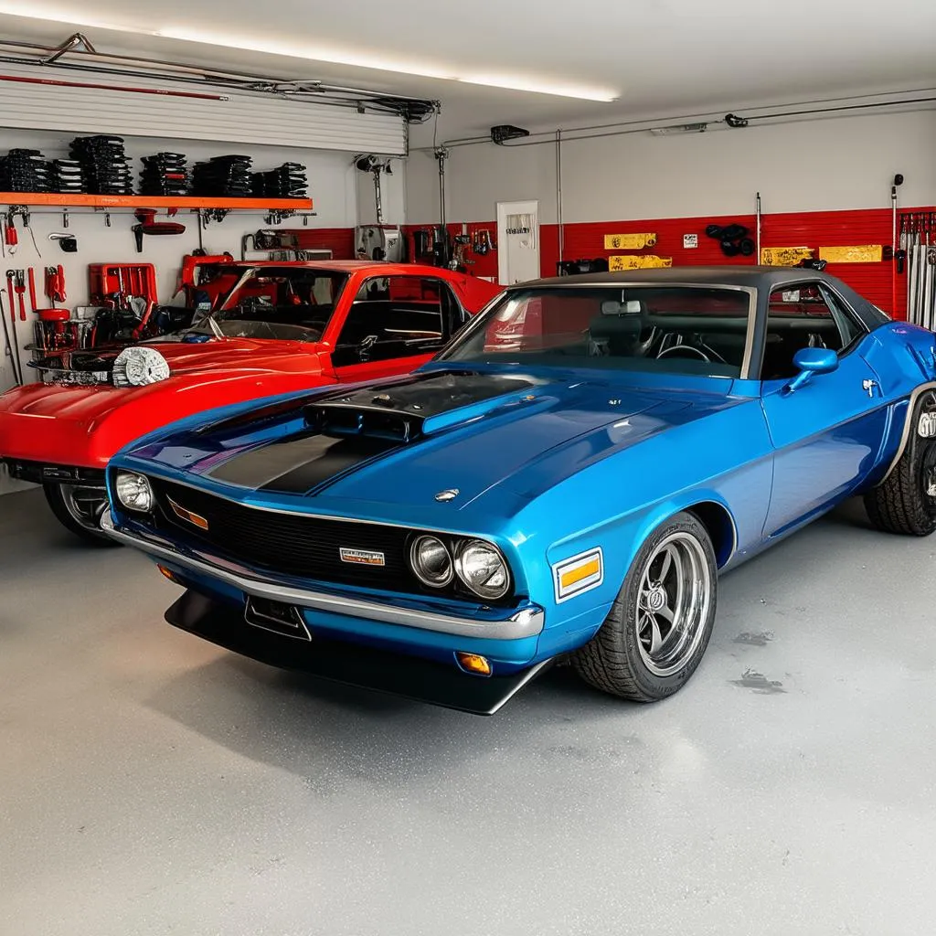 Garage automobile rempli de voitures de sport et de muscle cars américaines