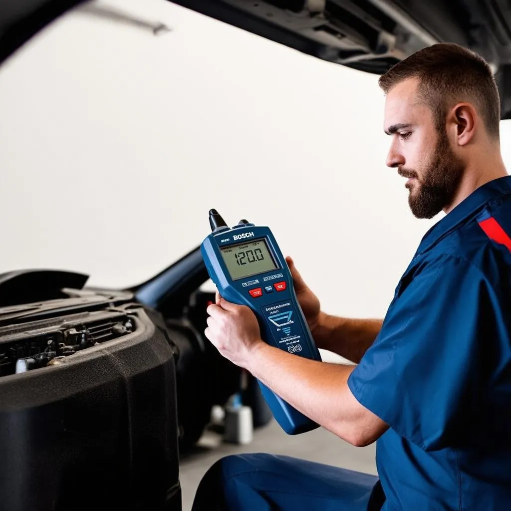 Mechanic using Bosch OBD 150 to diagnose a car problem