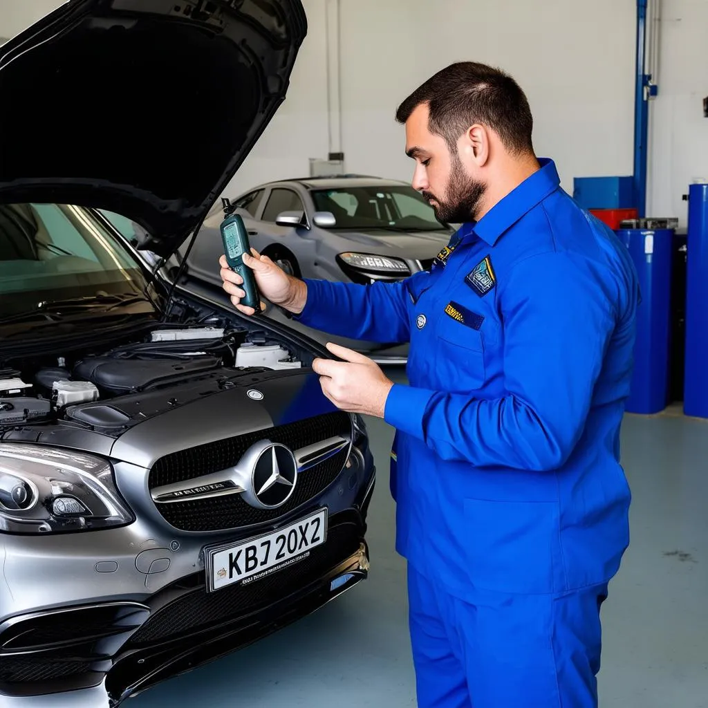 Mechanic working on car diagnostics