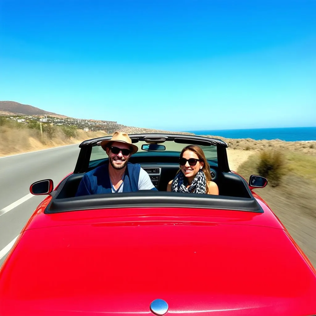 A couple wearing sunglasses driving a convertible car on a winding road along the coast