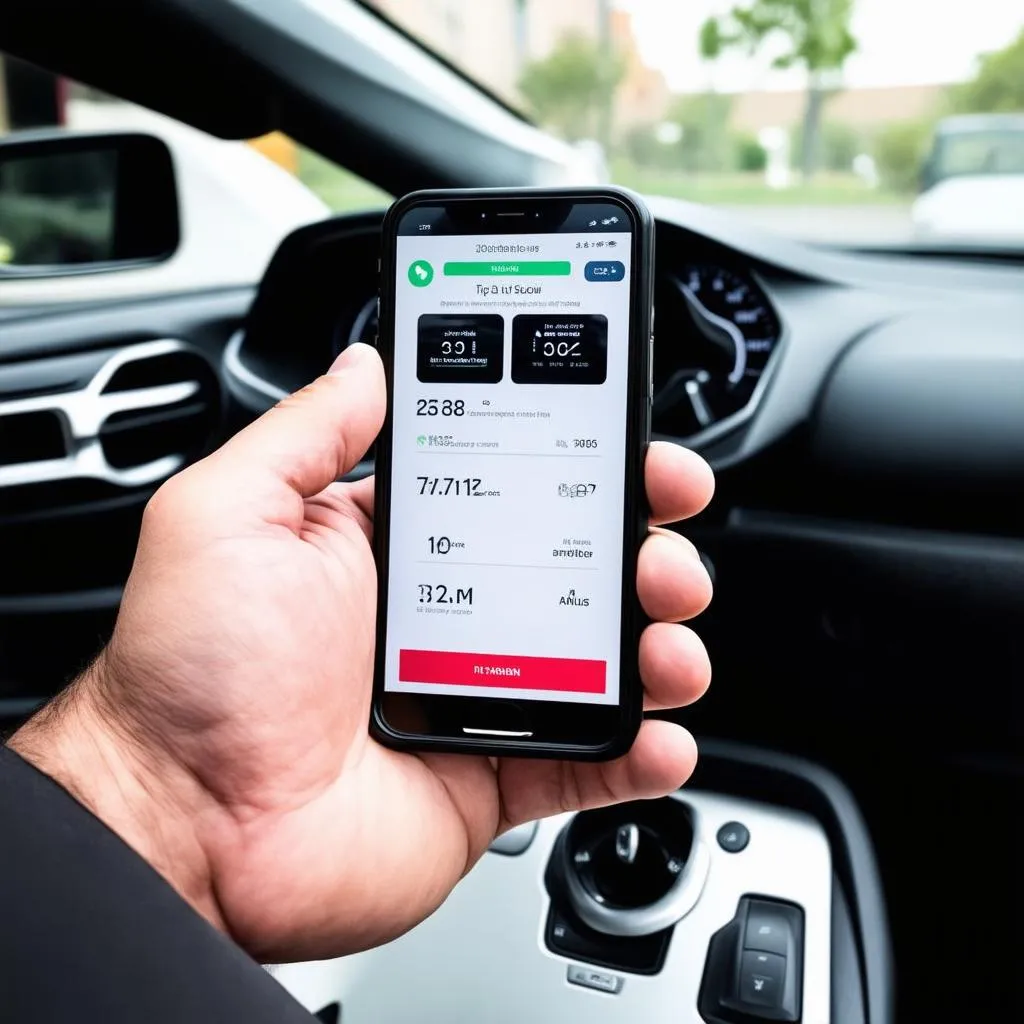 Une personne tient un smartphone avec une application de diagnostic de voiture ouverte.