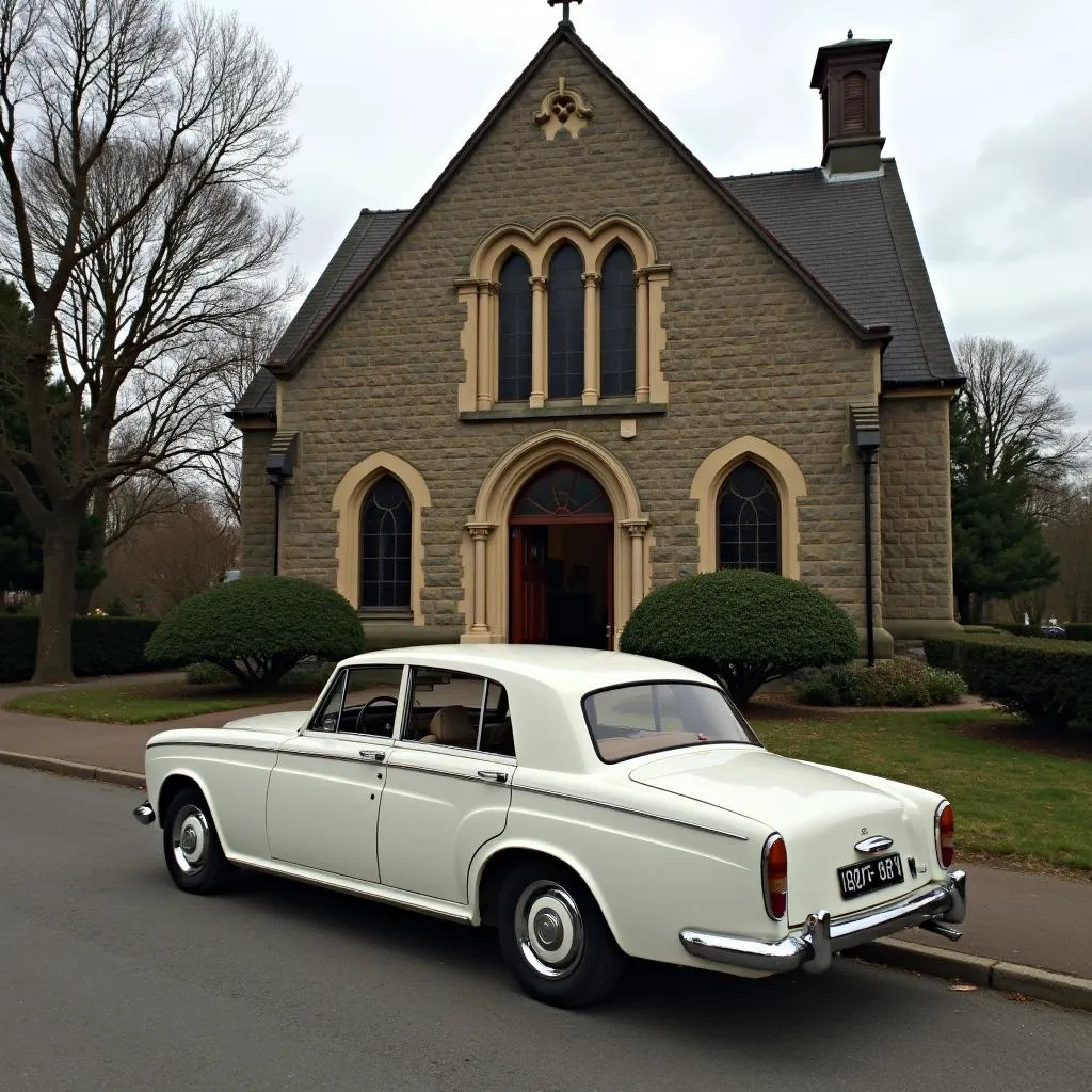 Voiture de mariage garée devant l'église, symbole de l'abandon