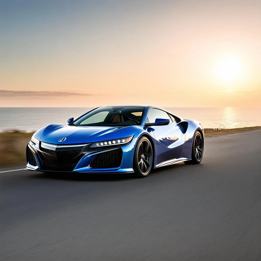 Acura NSX driving along a coastal road at sunset