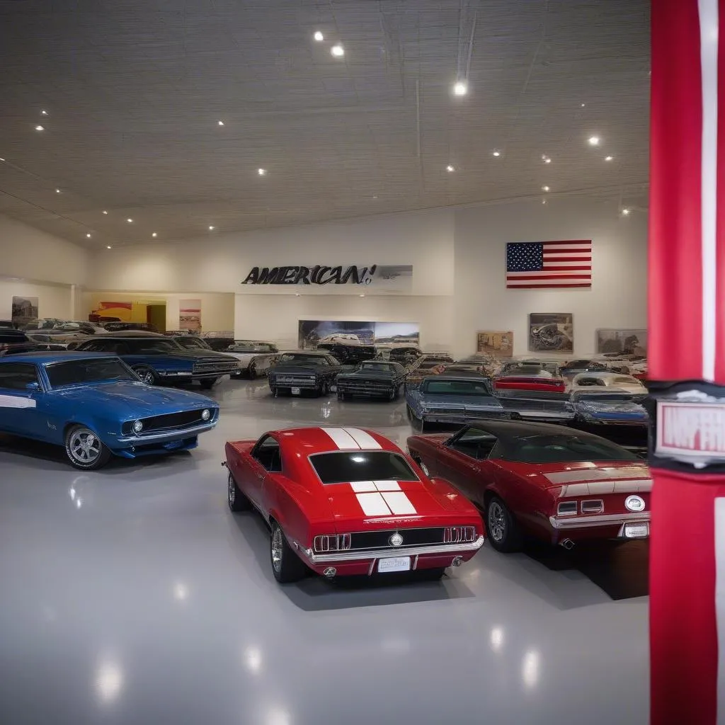 Musée American Muscle Car avec Ford Mustang et Chevrolet Camaro