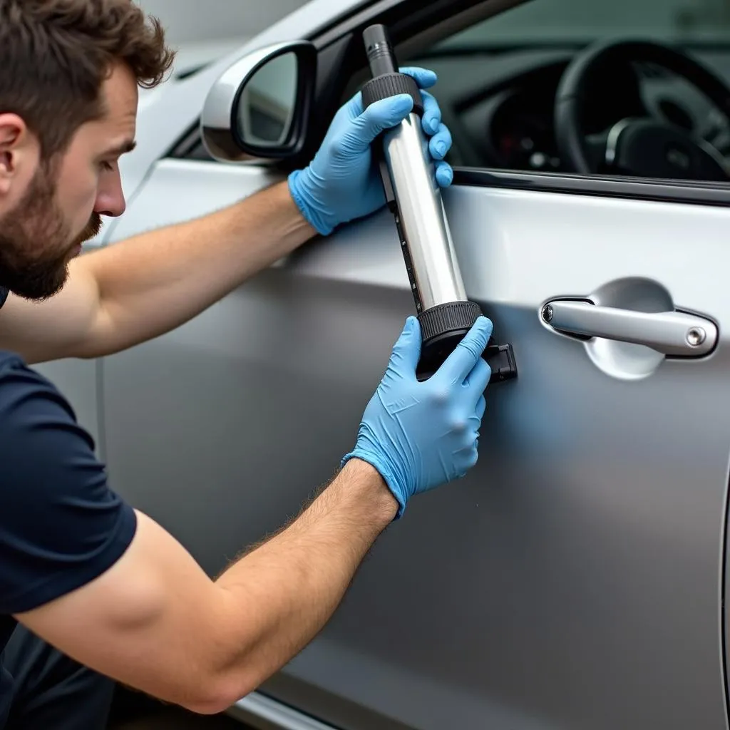 Application de mastic carrosserie sur le joint de porte d'une voiture