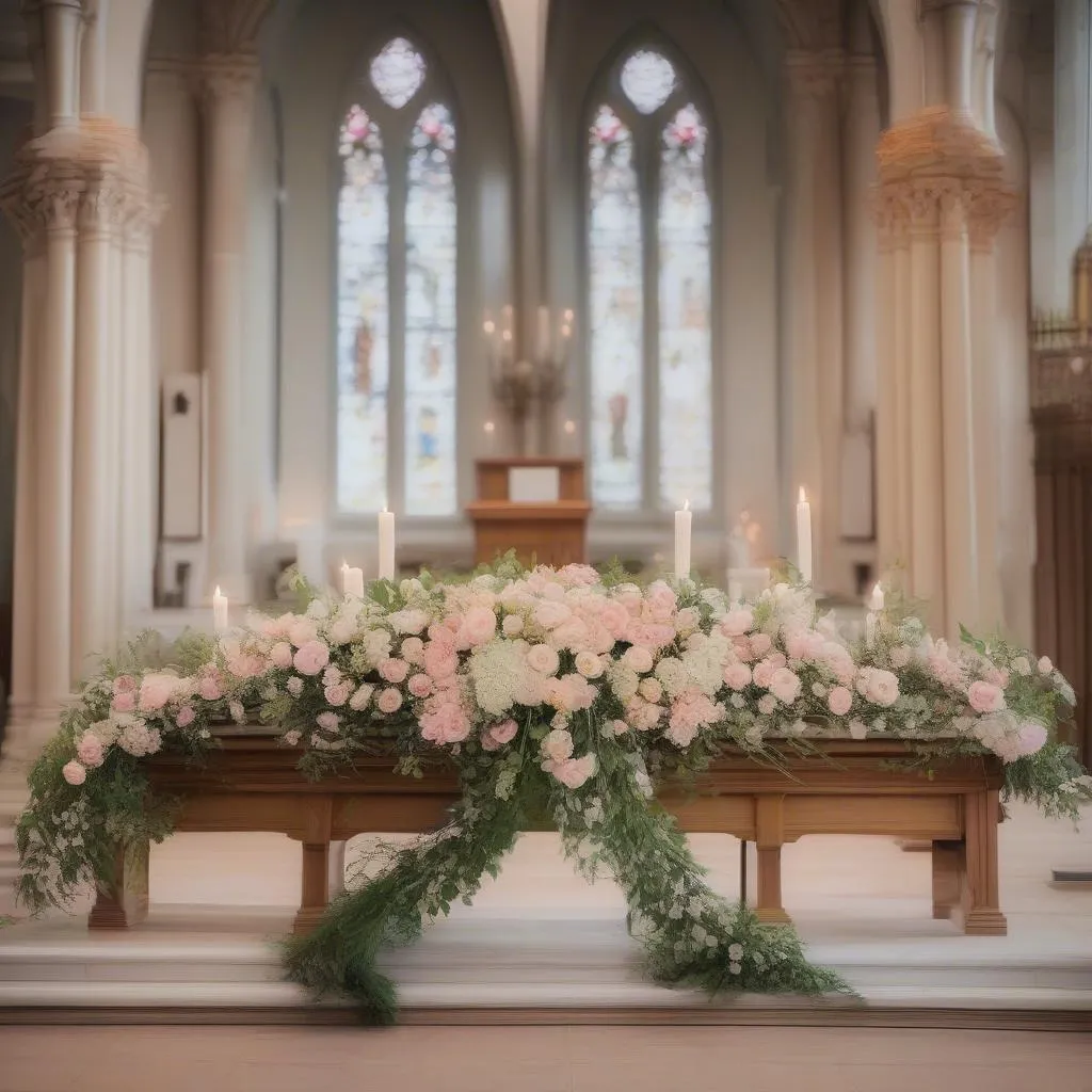 Un arrangement floral sur l'autel d'une église pour un mariage