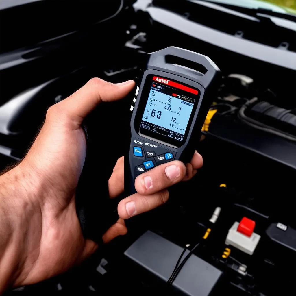 A hand holding the Autel AL319 OBD2 scanner