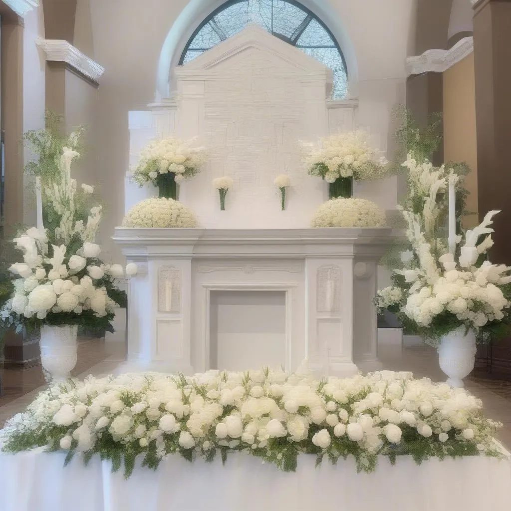 Décoration d'autel blanc avec des fleurs blanches