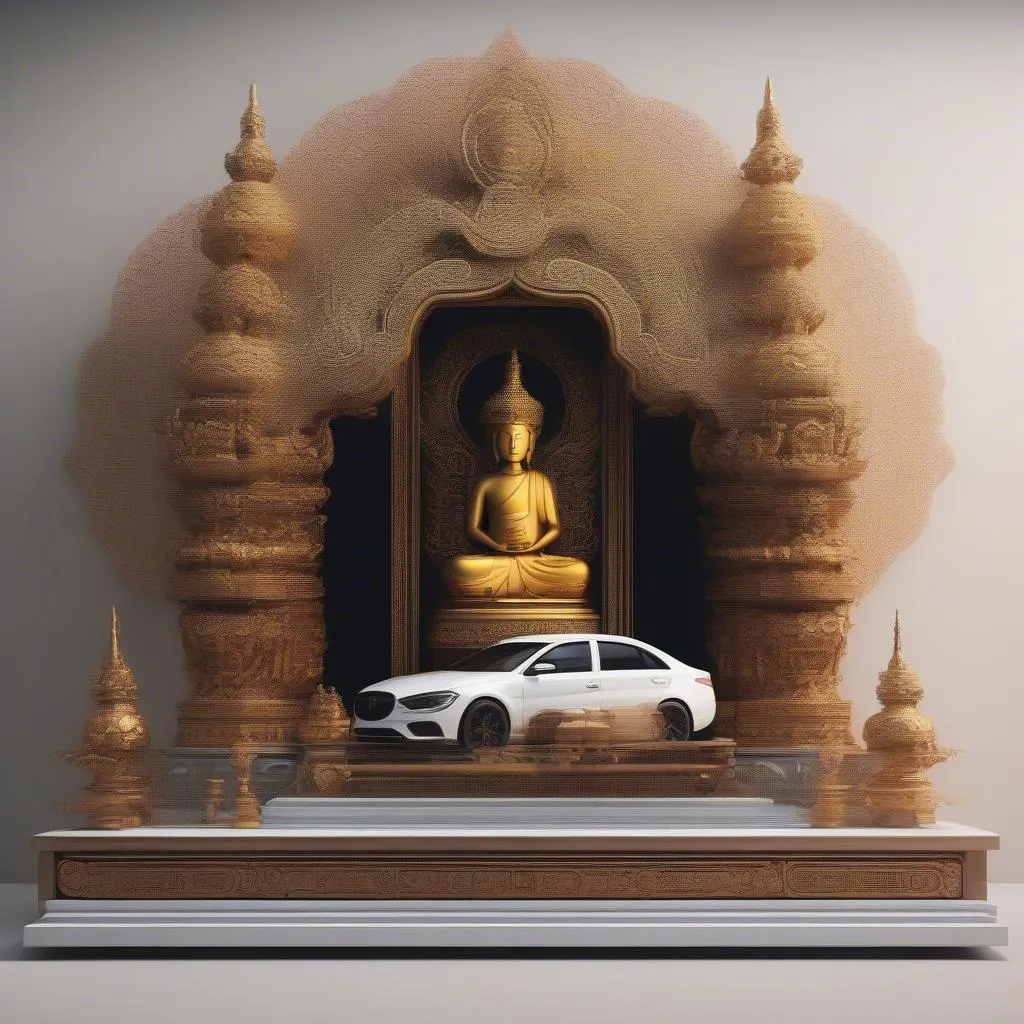 Autel Bouddha juxtaposé à une voiture