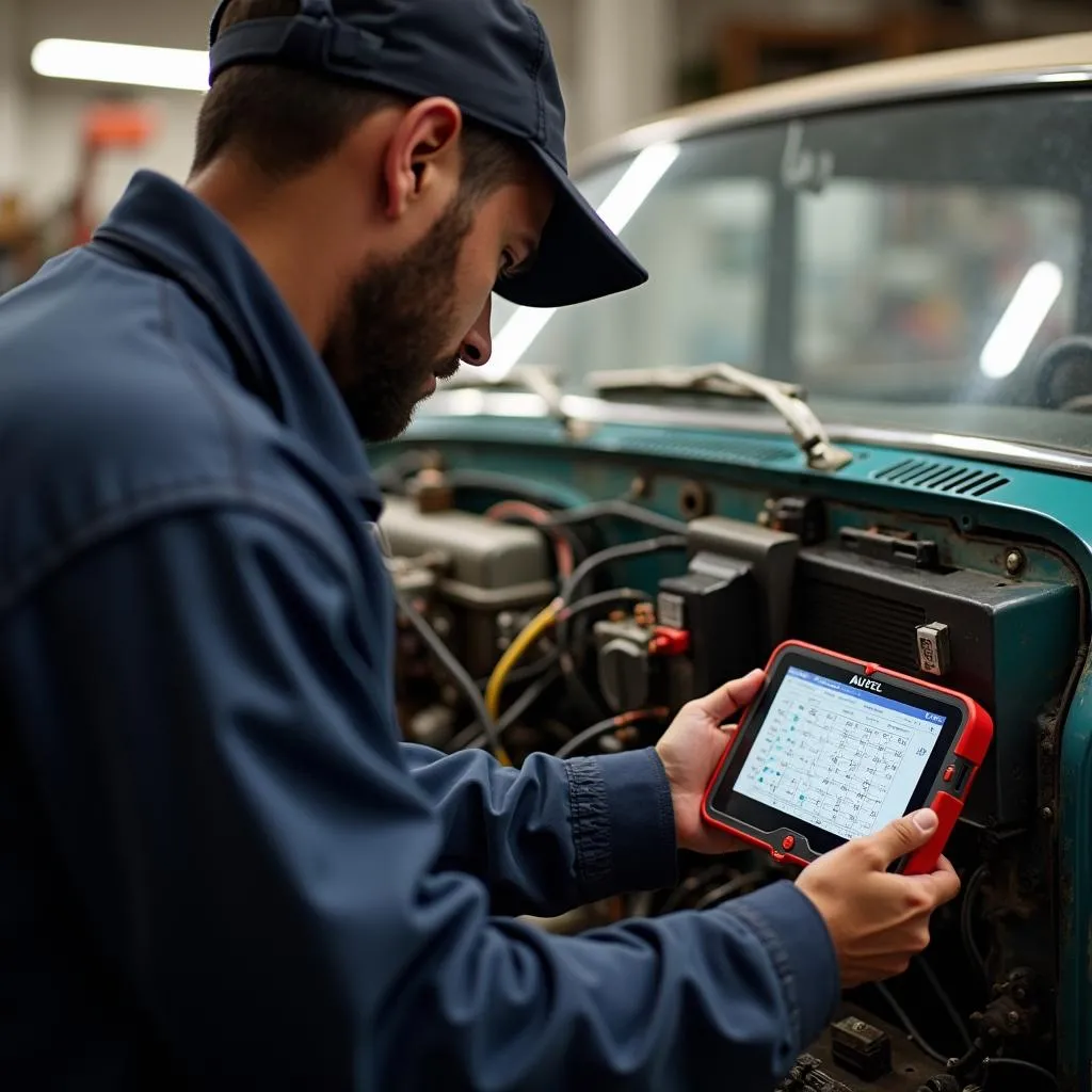 Outil de diagnostic Autel utilisé sur une voiture ancienne au Maroc