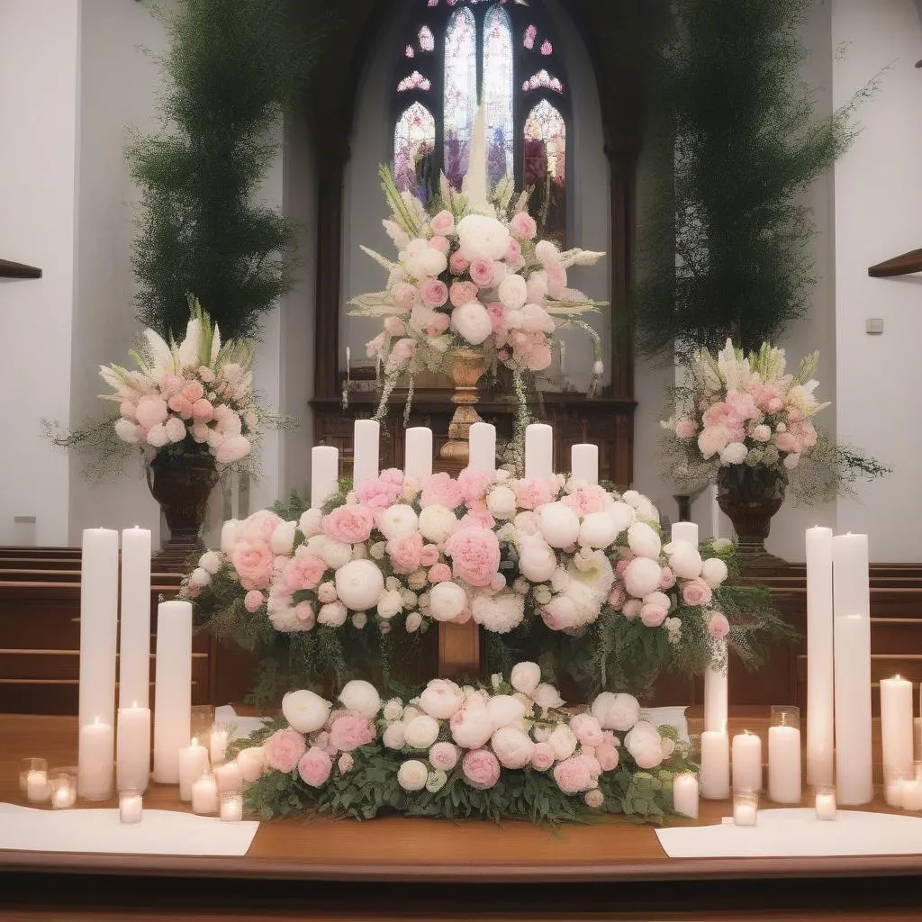 Arrangement floral d'autel avec des pivoines roses et blanches