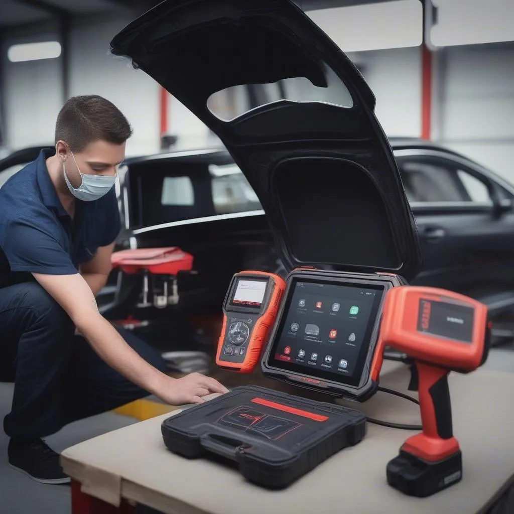 Mécanicien utilisant l'Autel Evo Lite Plus Premium dans un garage