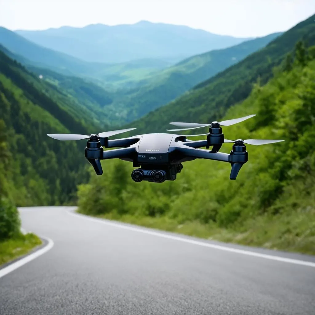 Autel Evo Nano drone flying over mountain road