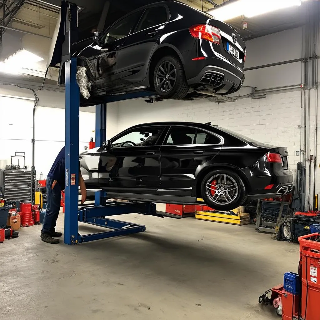 Voiture sur un pont élévateur dans un garage