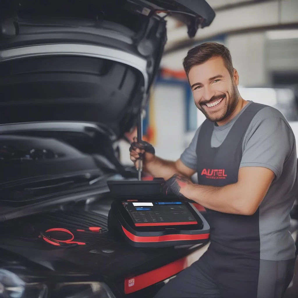 mécanicien breton utilisant un outil de diagnostic autel dans un garage