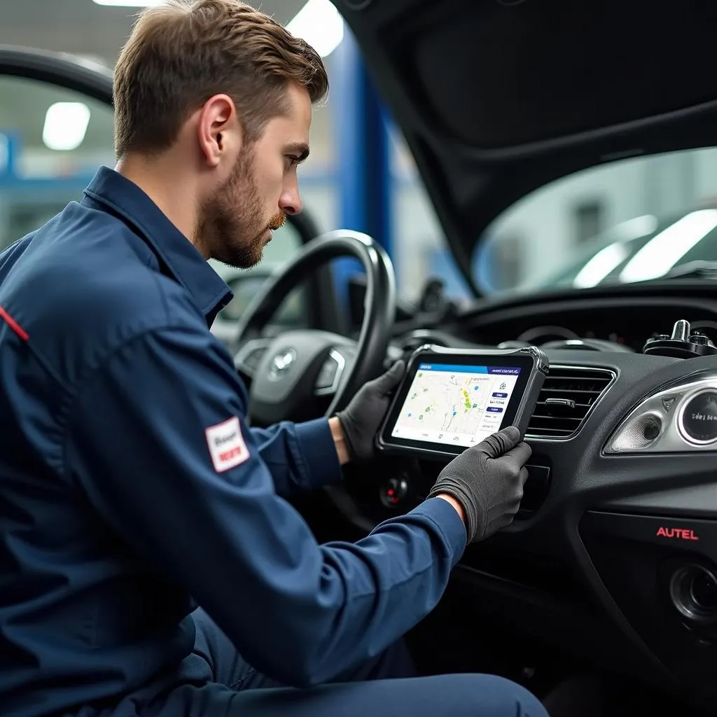 Mécanicien utilisant l'Autel ITS600 dans un garage