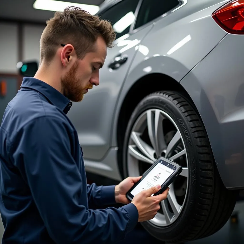 Mécanicien utilisant Autel MaxiCOM Gimcat sur une voiture européenne