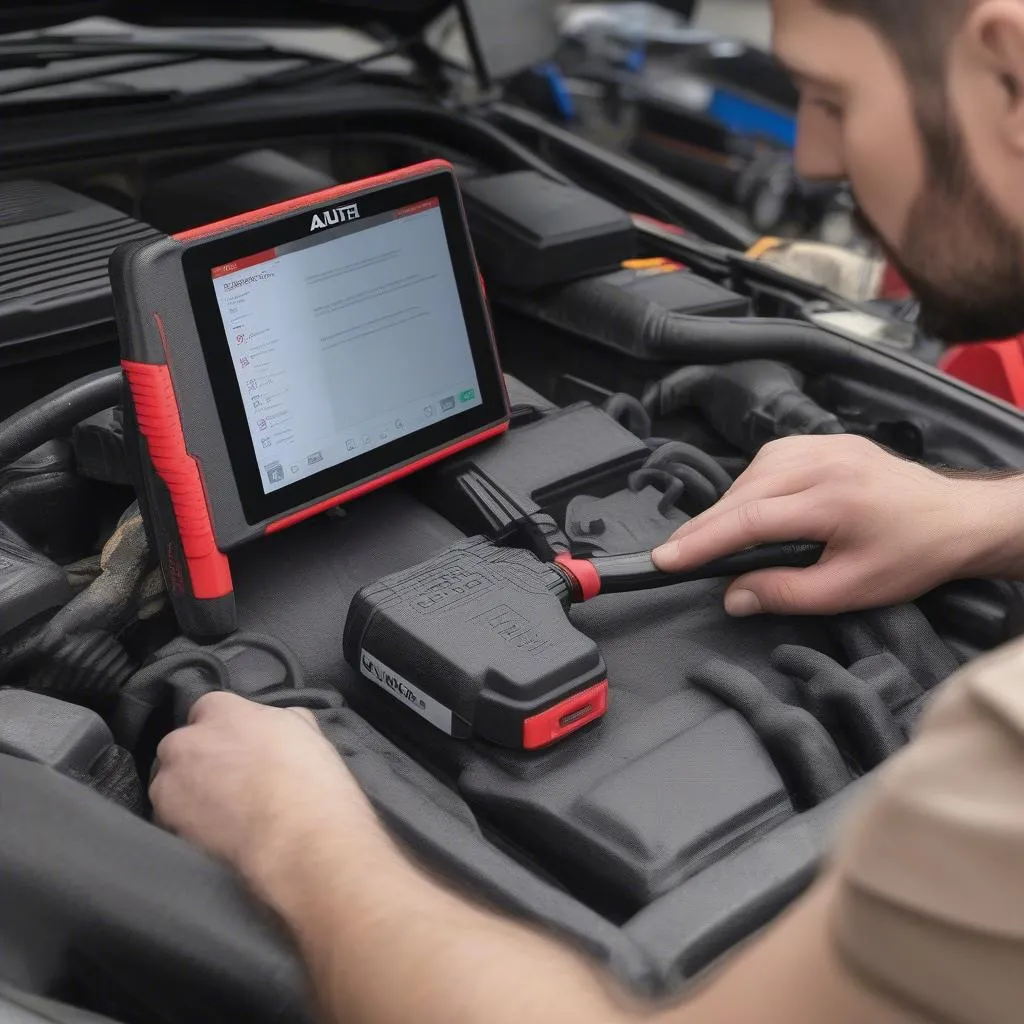 Mécanicien utilisant l'outil de diagnostic Autel MaxiCOM MK808