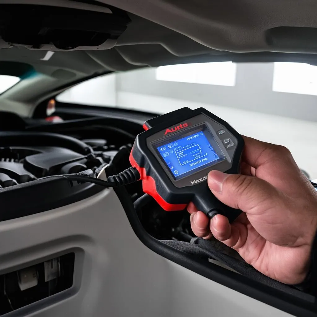 Autel MaxiTS401 connected to a car's OBD port