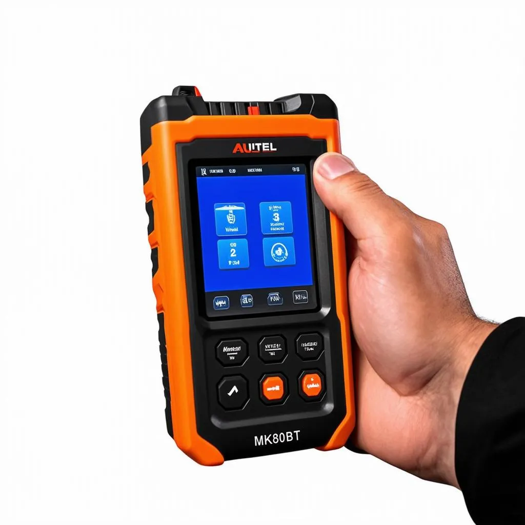 Mechanic holding Autel MK808BT diagnostic scanner