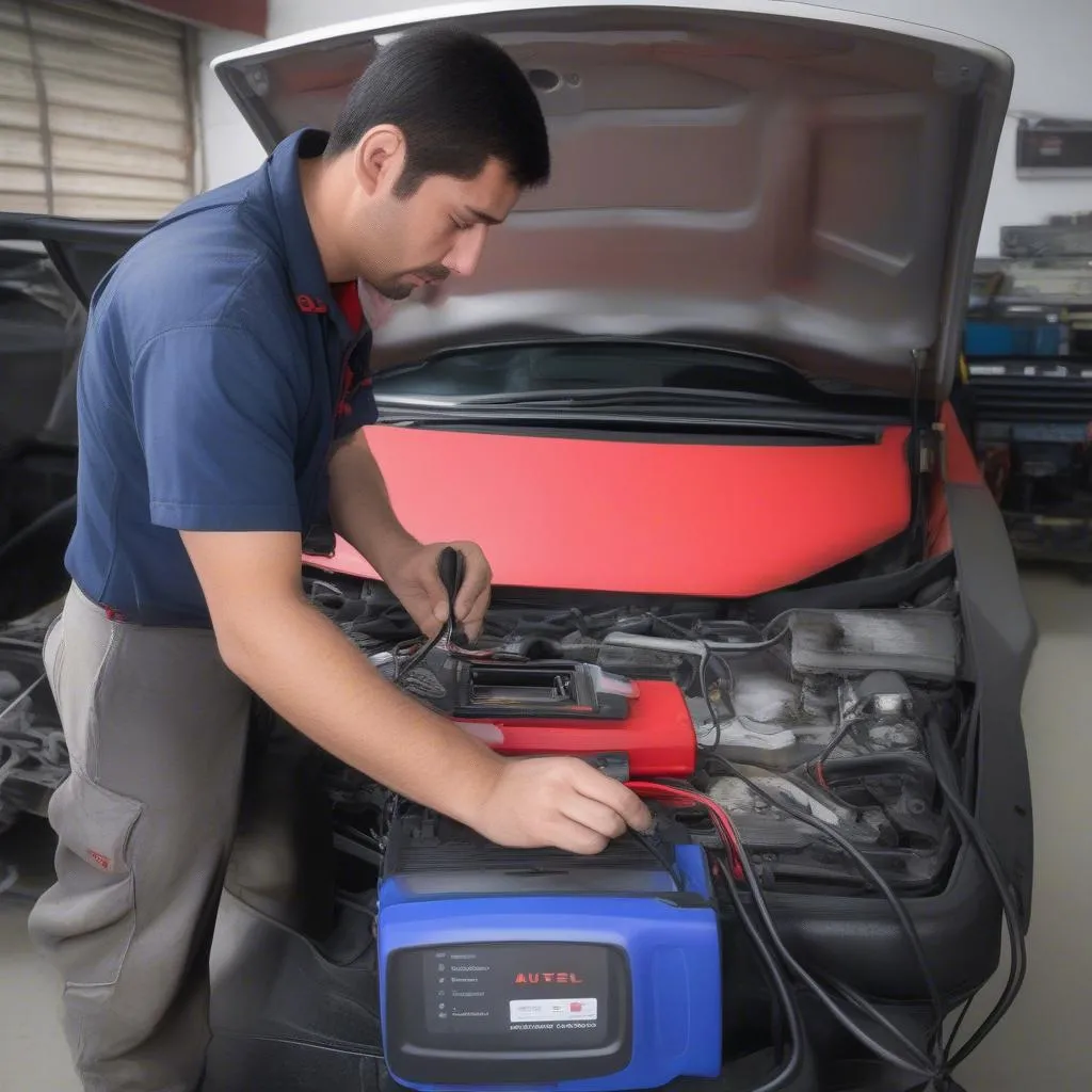 Un mécanicien utilisant un Autel portatif pour diagnostiquer un problème électrique sur une voiture européenne au Mexique