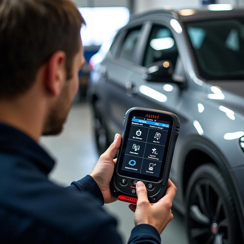 L'autel sacré, un outil de diagnostic automobile Autel, est utilisé par un mécanicien sur une voiture dans un garage.