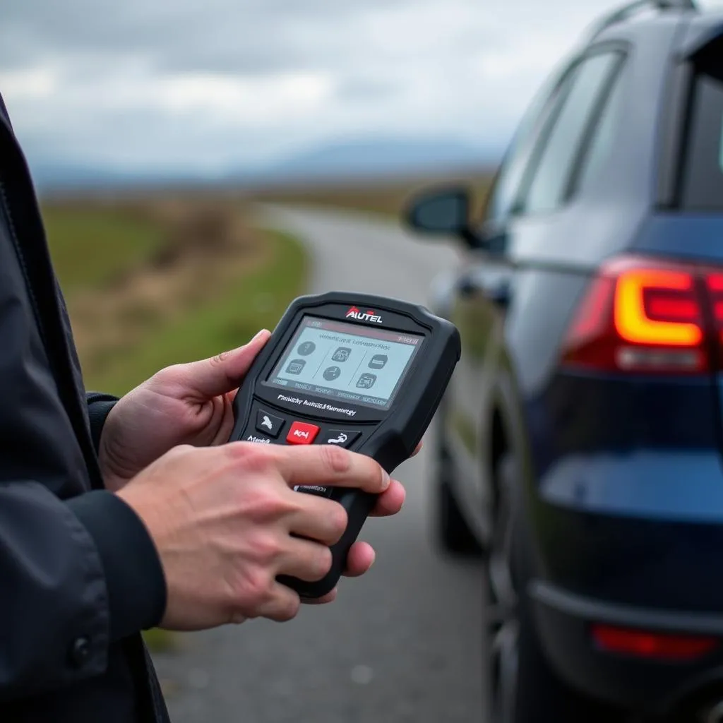 Scanner diagnostic Autel utilisé sur une voiture en bord de route