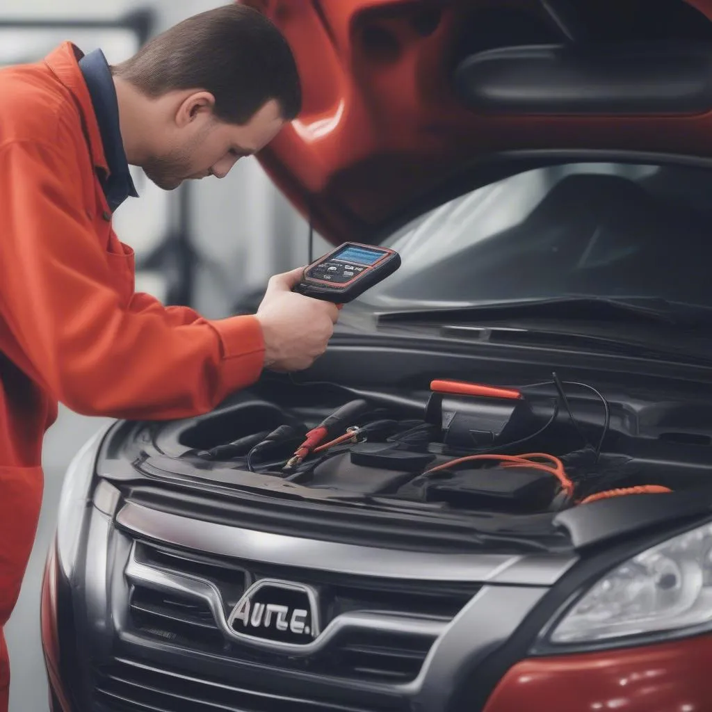 Un mécanicien utilisant un scanner Autel pour diagnostiquer un problème sur une voiture française