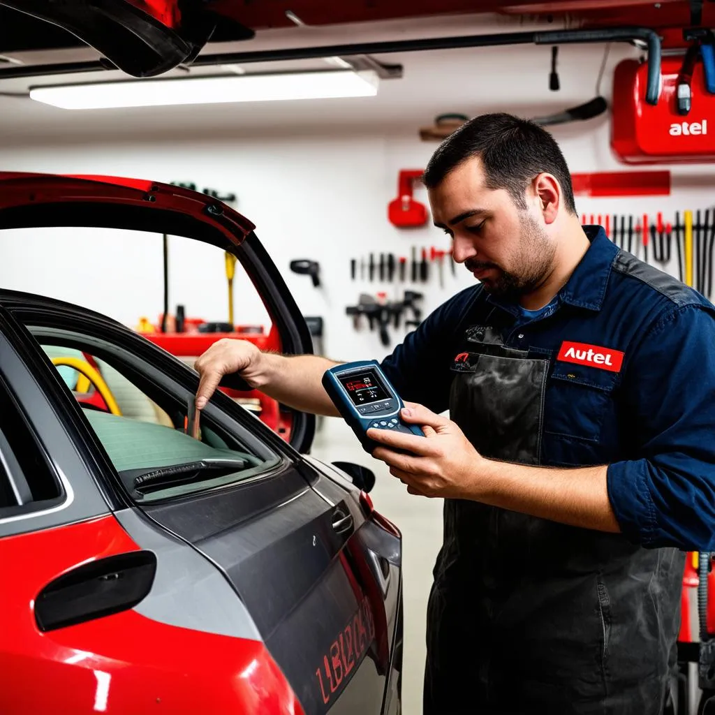 Mécanicien utilisant un scanner Autel dans un garage en Vendée