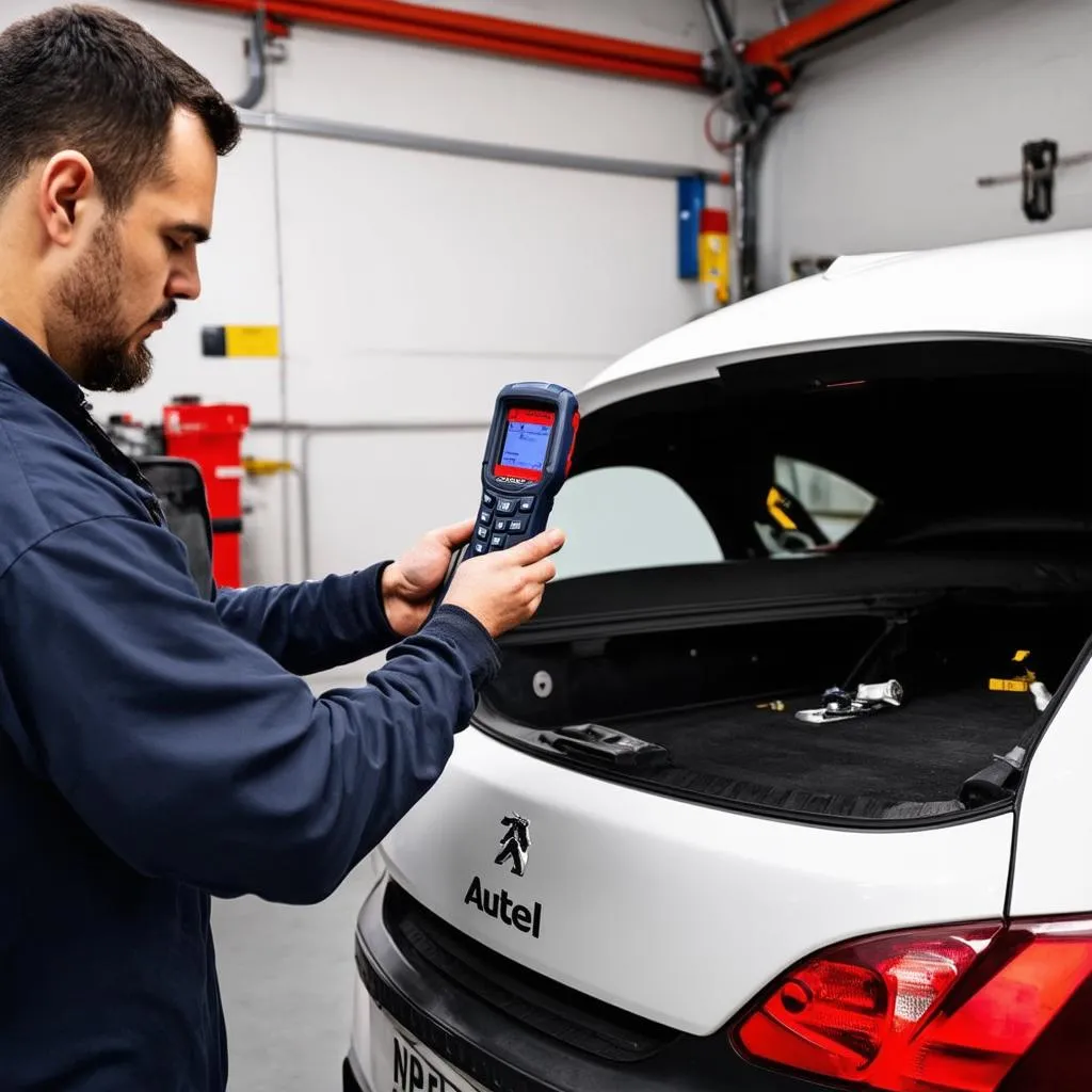 Mécanicien utilisant un scanner Autel sur une Peugeot